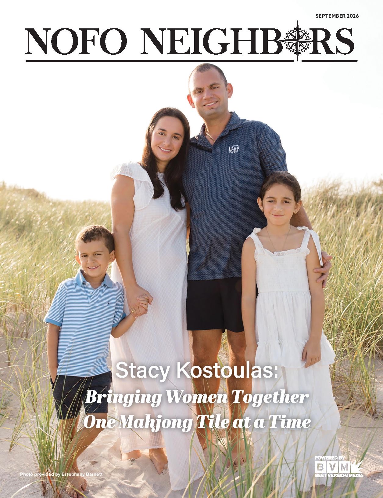 NoFo Neighbors cover featuring Stacy Kostoulas and her family on the beach.